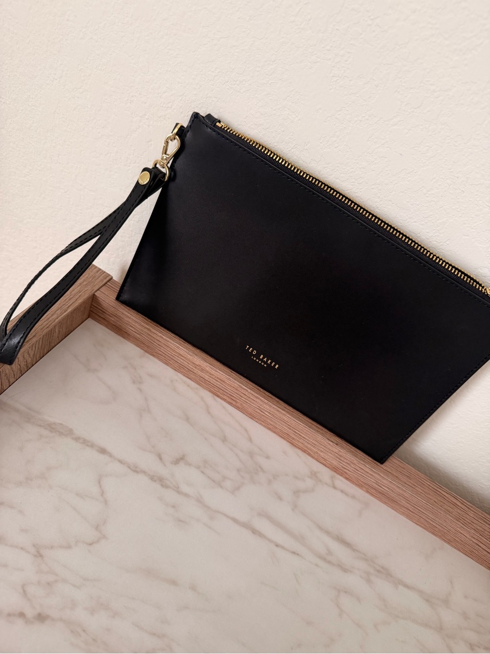 Ted Baker Black Leather Wristlet Clutch with Gold Hardware